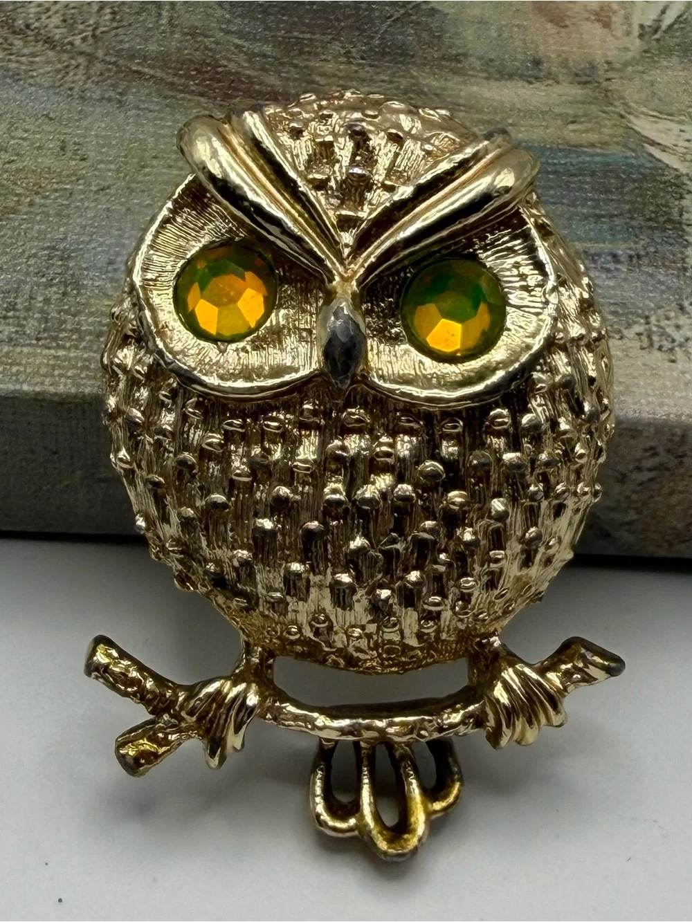 Sarah Coventry Gold Tome Owl Pin with Yellow-Green Rhinestone Eyes-Vintage